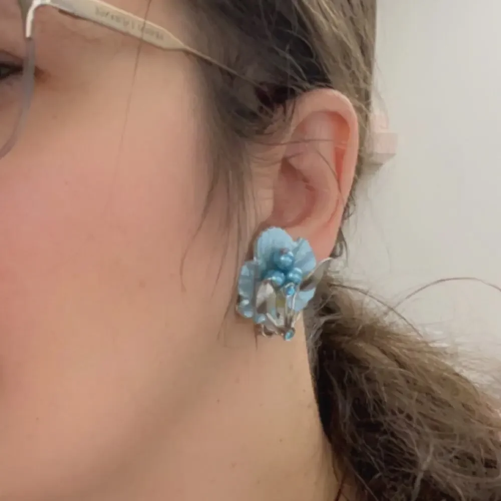 Vintage Blue Shimmer Floral Mid Century Clip Earrings